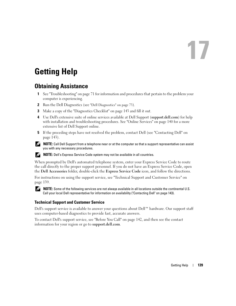 Getting help, Obtaining assistance, Technical support and customer service | 17 getting help | Dell Latitude D830 (Early 2007) User Manual | Page 139 / 158