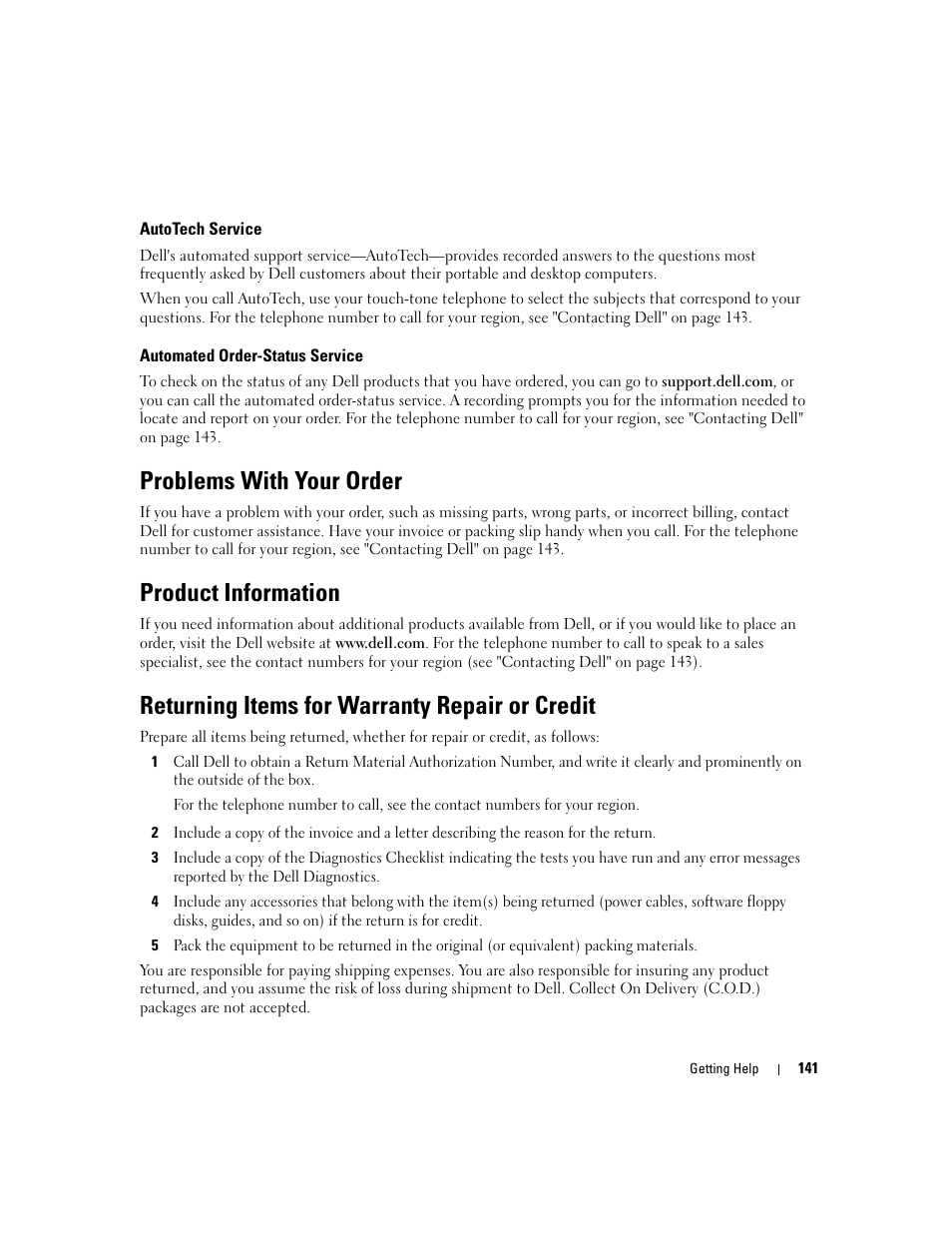 Autotech service, Automated order-status service, Problems with your order | Product information, Returning items for warranty repair or credit | Dell Latitude D830 (Early 2007) User Manual | Page 141 / 158