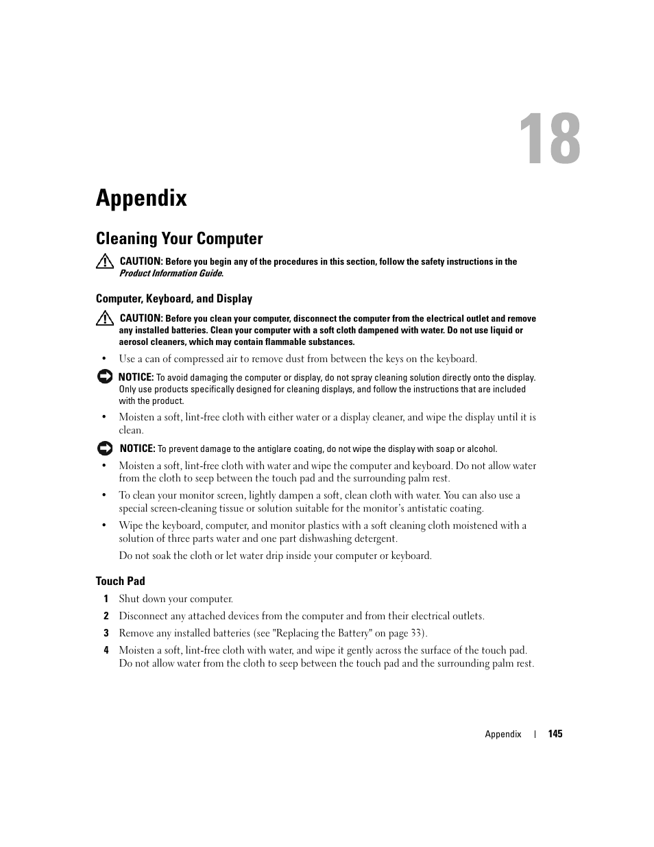 Appendix, Cleaning your computer, Computer, keyboard, and display | Touch pad, 18 appendix | Dell Latitude D830 (Early 2007) User Manual | Page 145 / 158