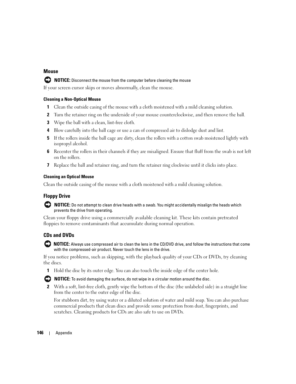 Mouse, Floppy drive, Cds and dvds | Dell Latitude D830 (Early 2007) User Manual | Page 146 / 158