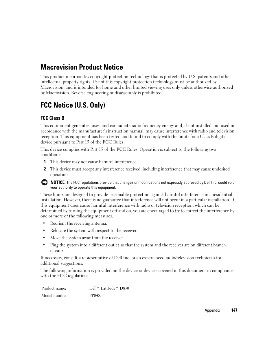 Macrovision product notice, Fcc notice (u.s. only), Fcc class b | Dell Latitude D830 (Early 2007) User Manual | Page 147 / 158