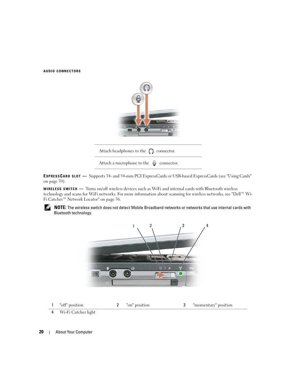 Audio connectors, Expresscard slot, Wireless switch | Dell Latitude D830 (Early 2007) User Manual | Page 20 / 158
