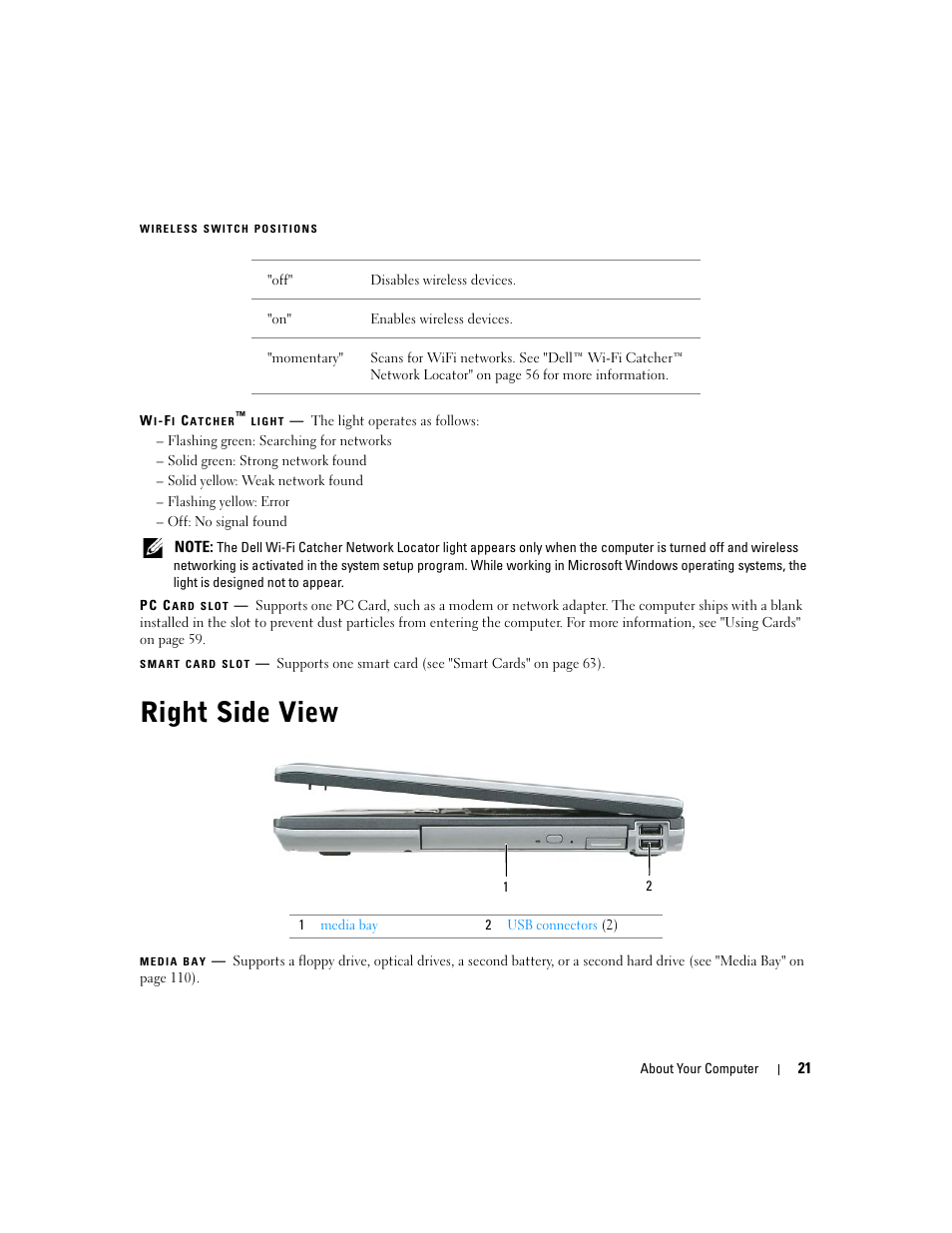 Right side view, Wi-fi catcher, Light | Smart card slot, Wi-fi catcher light | Dell Latitude D830 (Early 2007) User Manual | Page 21 / 158