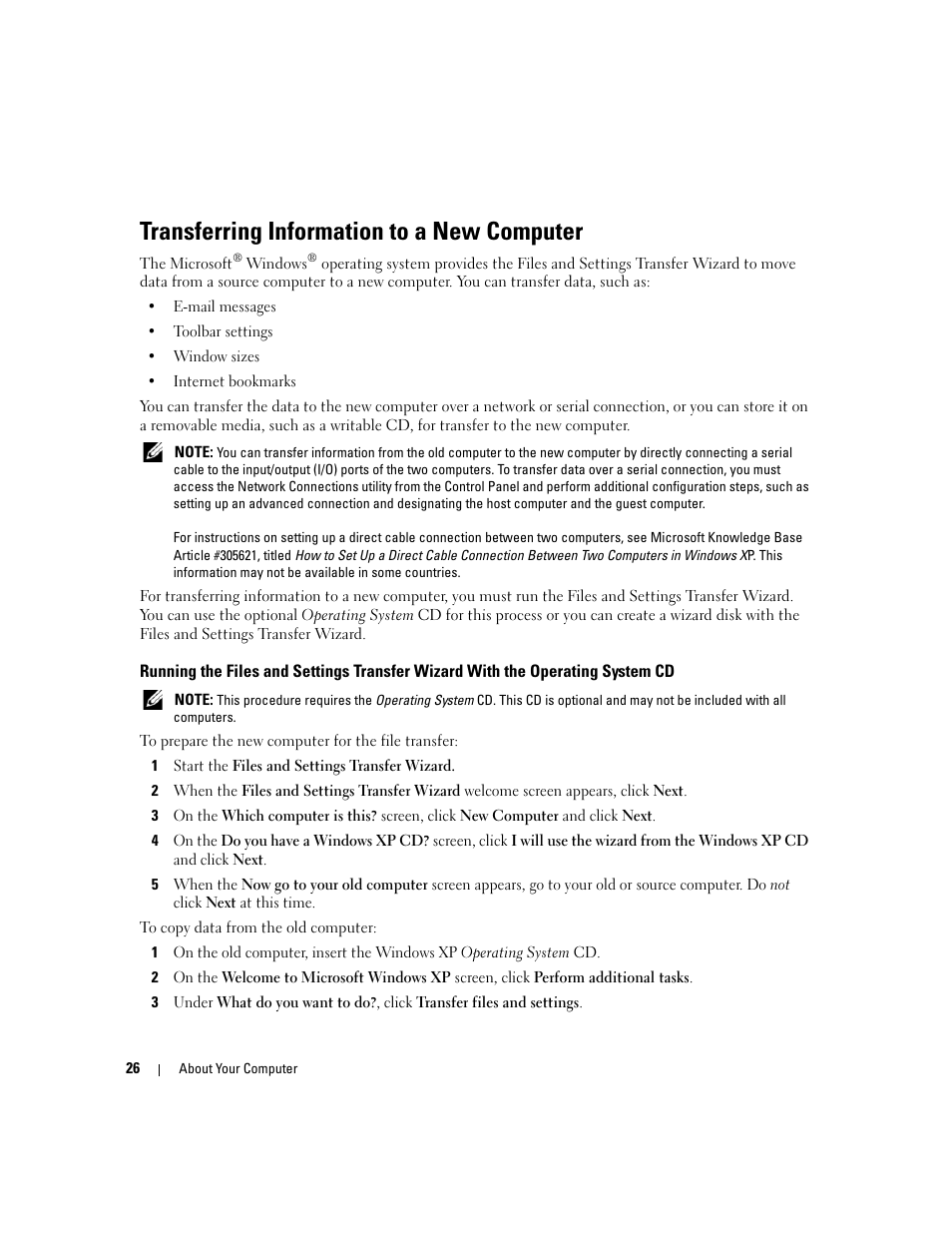 Transferring information to a new computer | Dell Latitude D830 (Early 2007) User Manual | Page 26 / 158