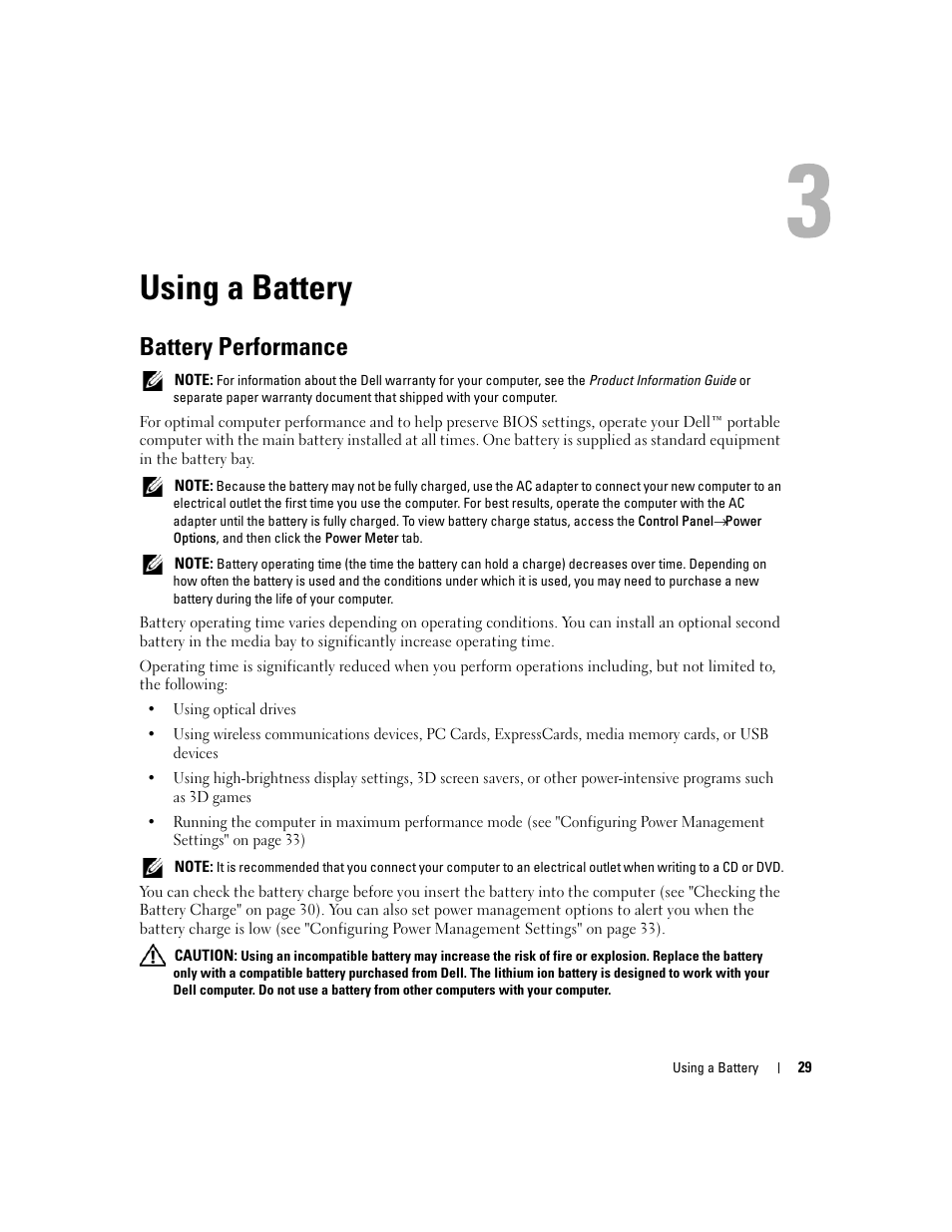 Using a battery, Battery performance | Dell Latitude D830 (Early 2007) User Manual | Page 29 / 158