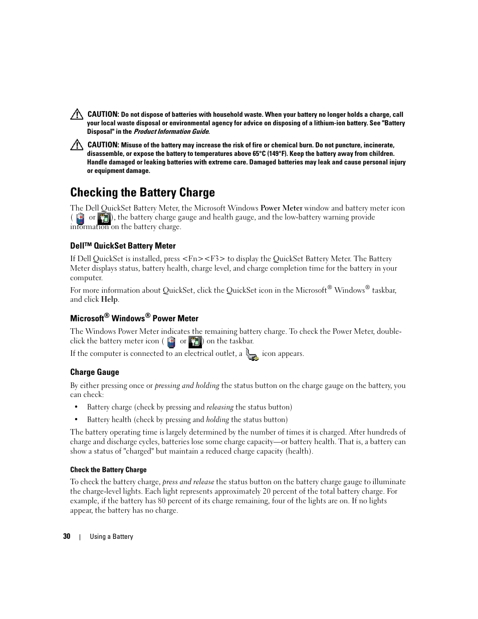 Checking the battery charge, Dell™ quickset battery meter, Microsoft® windows® power meter | Charge gauge, Microsoft | Dell Latitude D830 (Early 2007) User Manual | Page 30 / 158