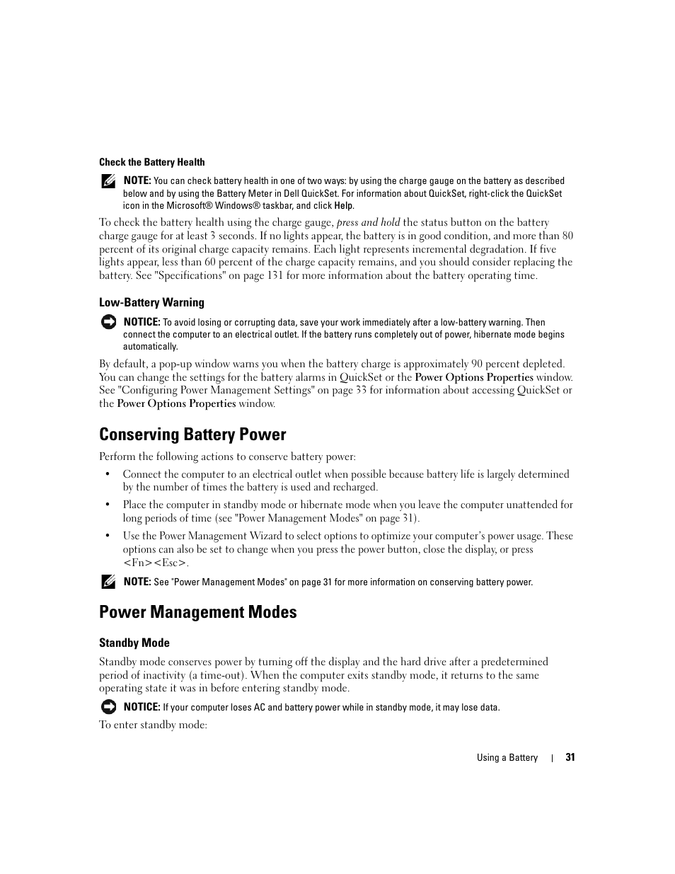 Low-battery warning, Conserving battery power, Power management modes | Standby mode, Power management mode (see "power | Dell Latitude D830 (Early 2007) User Manual | Page 31 / 158