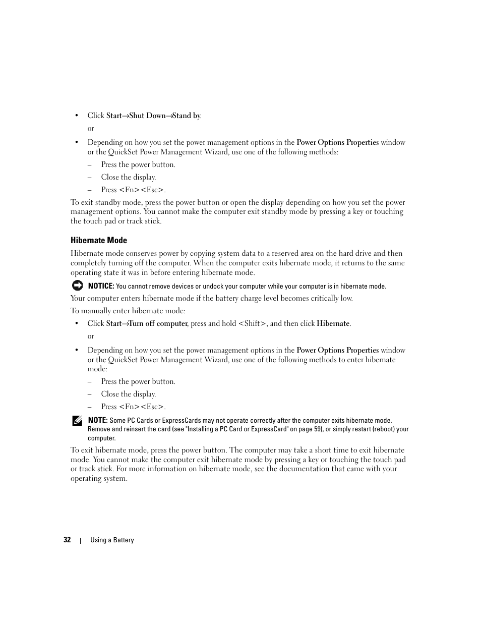 Hibernate mode | Dell Latitude D830 (Early 2007) User Manual | Page 32 / 158