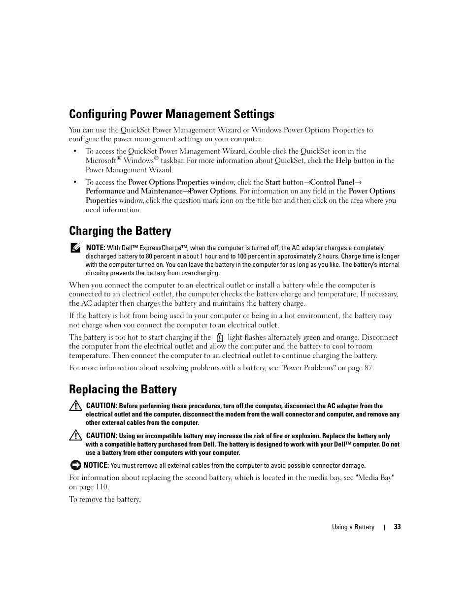 Configuring power management settings, Charging the battery, Replacing the battery | Dell Latitude D830 (Early 2007) User Manual | Page 33 / 158