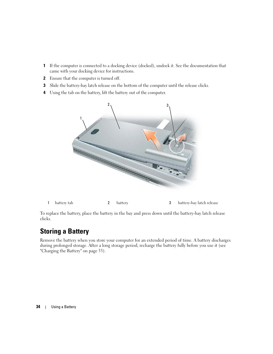 Storing a battery | Dell Latitude D830 (Early 2007) User Manual | Page 34 / 158