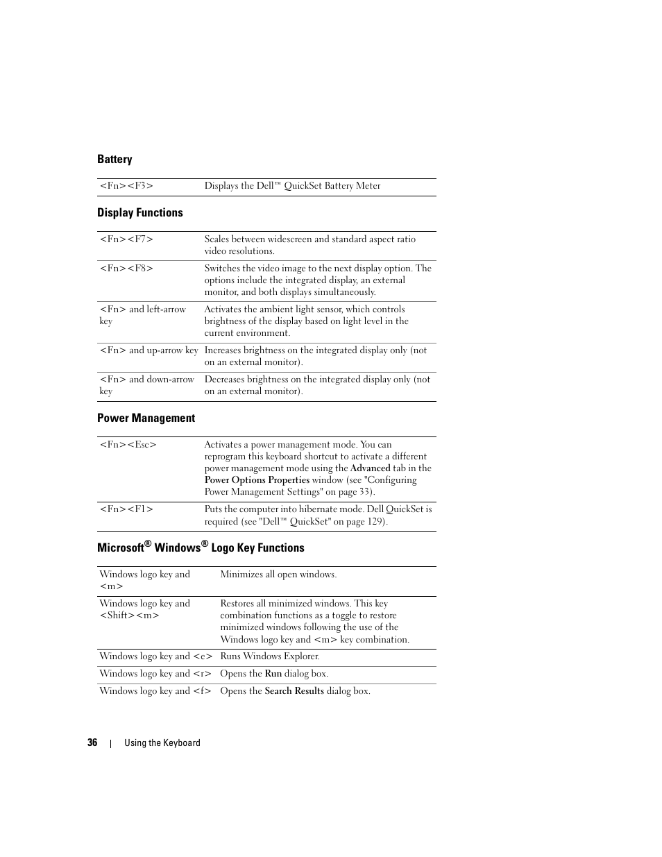 Battery, Display functions, Power management | Microsoft® windows® logo key functions, Microsoft | Dell Latitude D830 (Early 2007) User Manual | Page 36 / 158