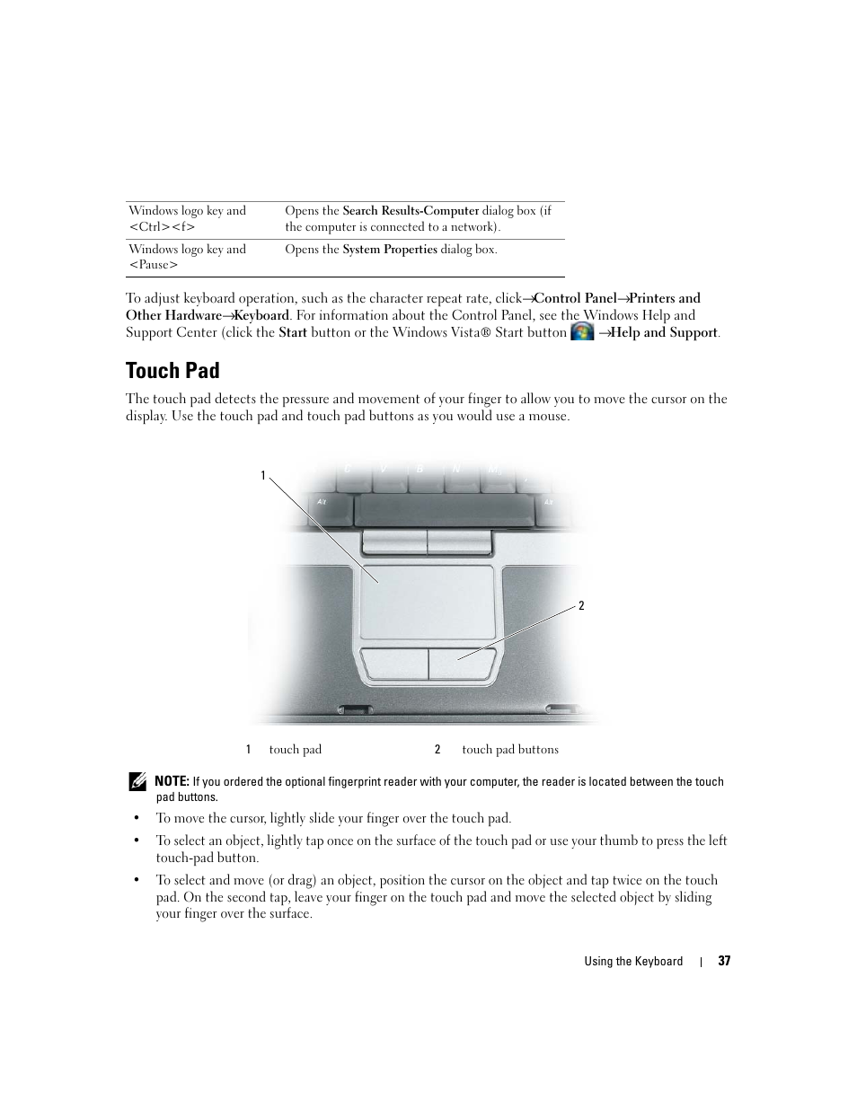 Touch pad | Dell Latitude D830 (Early 2007) User Manual | Page 37 / 158