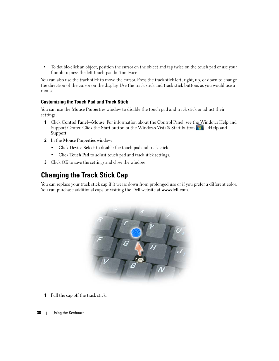Customizing the touch pad and track stick, Changing the track stick cap | Dell Latitude D830 (Early 2007) User Manual | Page 38 / 158