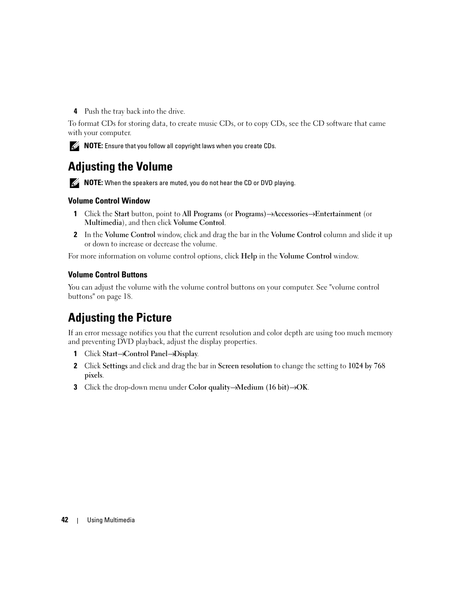 Adjusting the volume, Volume control window, Volume control buttons | Adjusting the picture | Dell Latitude D830 (Early 2007) User Manual | Page 42 / 158