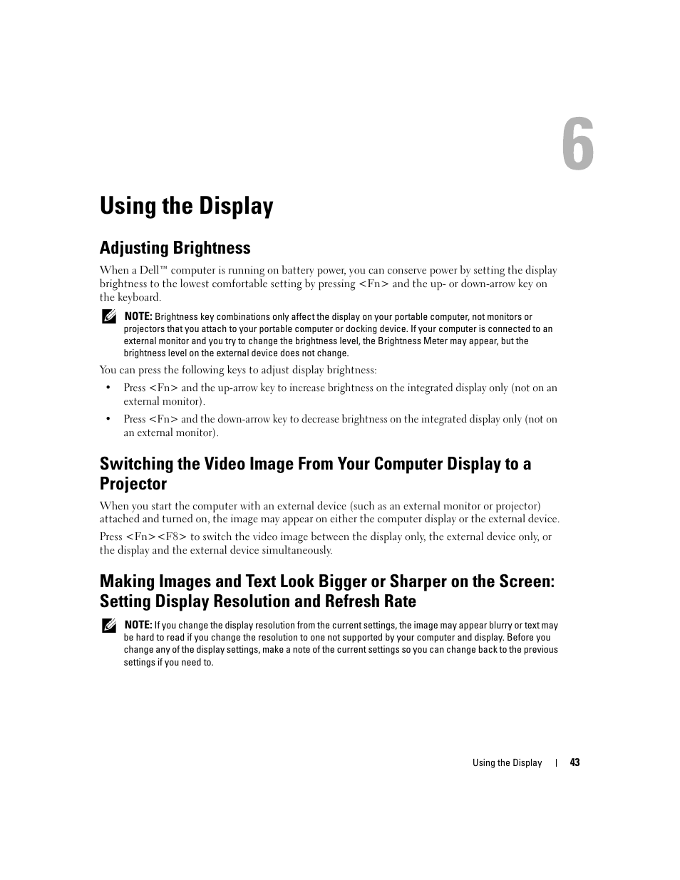 Using the display, Adjusting brightness | Dell Latitude D830 (Early 2007) User Manual | Page 43 / 158