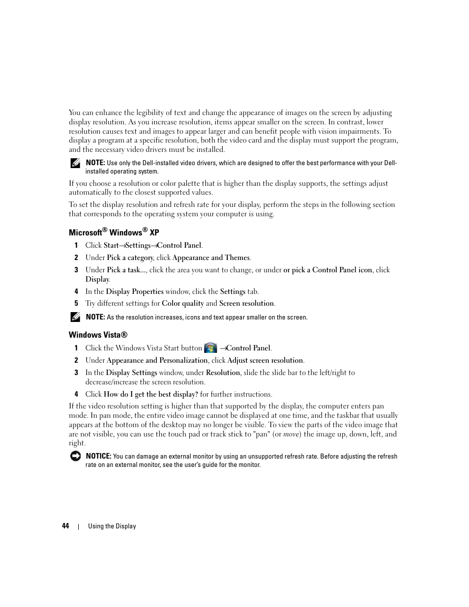 Microsoft® windows® xp, Windows vista, Microsoft | Dell Latitude D830 (Early 2007) User Manual | Page 44 / 158