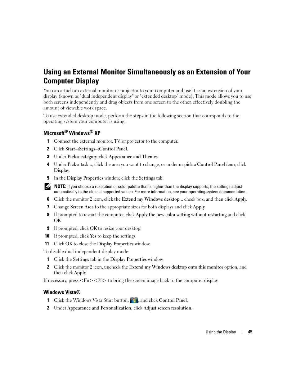 Microsoft® windows® xp, Windows vista, Microsoft | Dell Latitude D830 (Early 2007) User Manual | Page 45 / 158