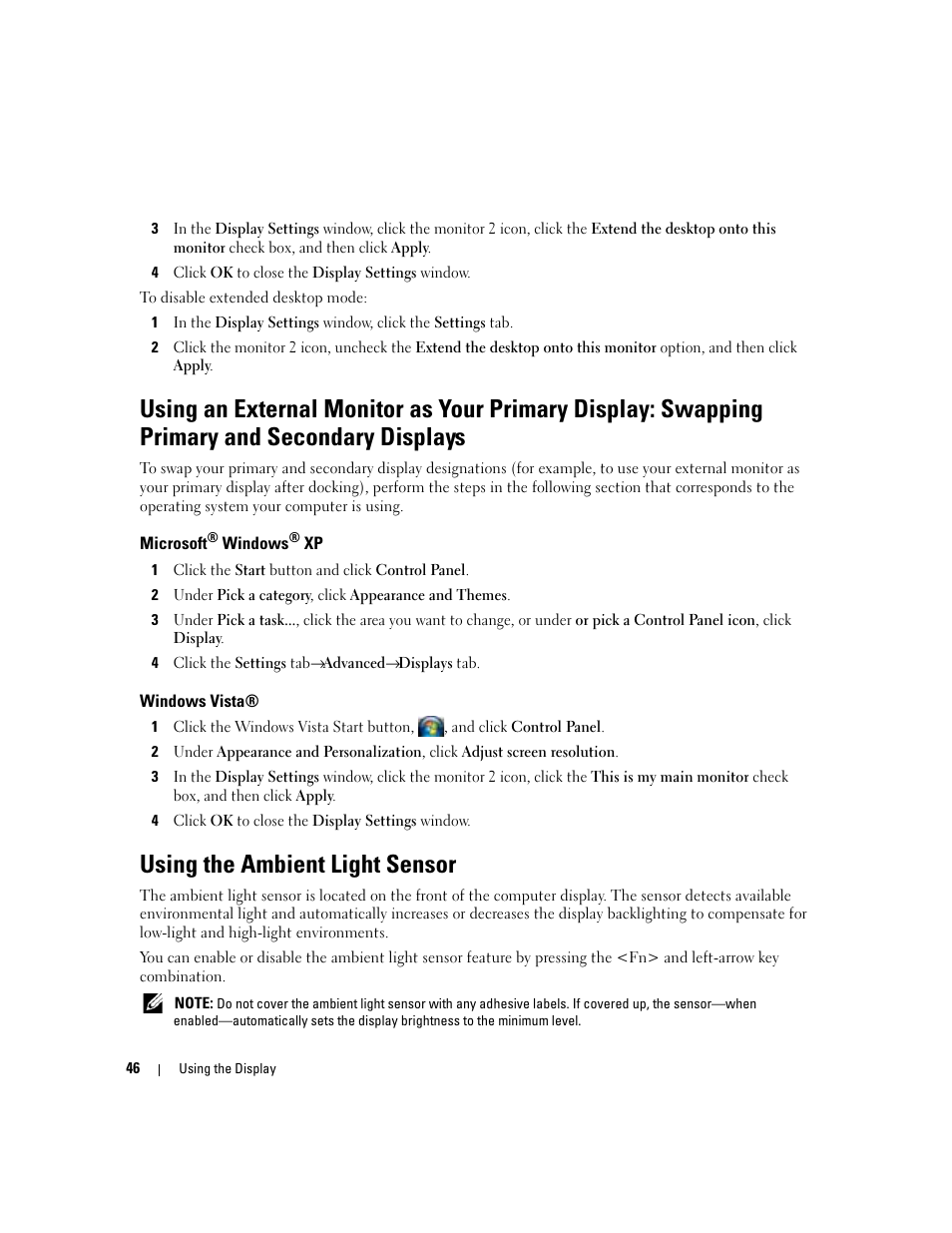 Microsoft® windows® xp, Windows vista, Using the ambient light sensor | Microsoft | Dell Latitude D830 (Early 2007) User Manual | Page 46 / 158