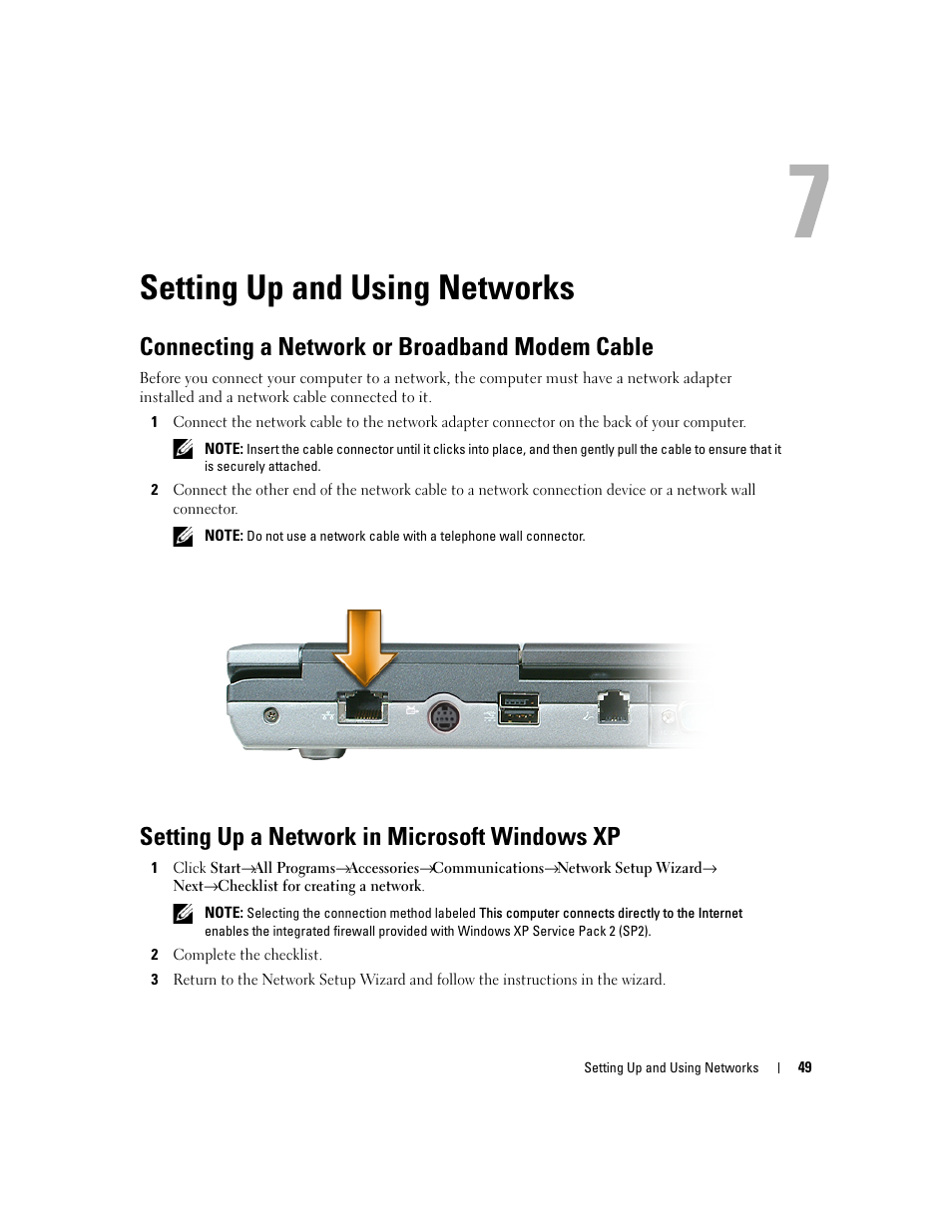 Setting up and using networks, Connecting a network or broadband modem cable, Setting up a network in microsoft windows xp | Dell Latitude D830 (Early 2007) User Manual | Page 49 / 158