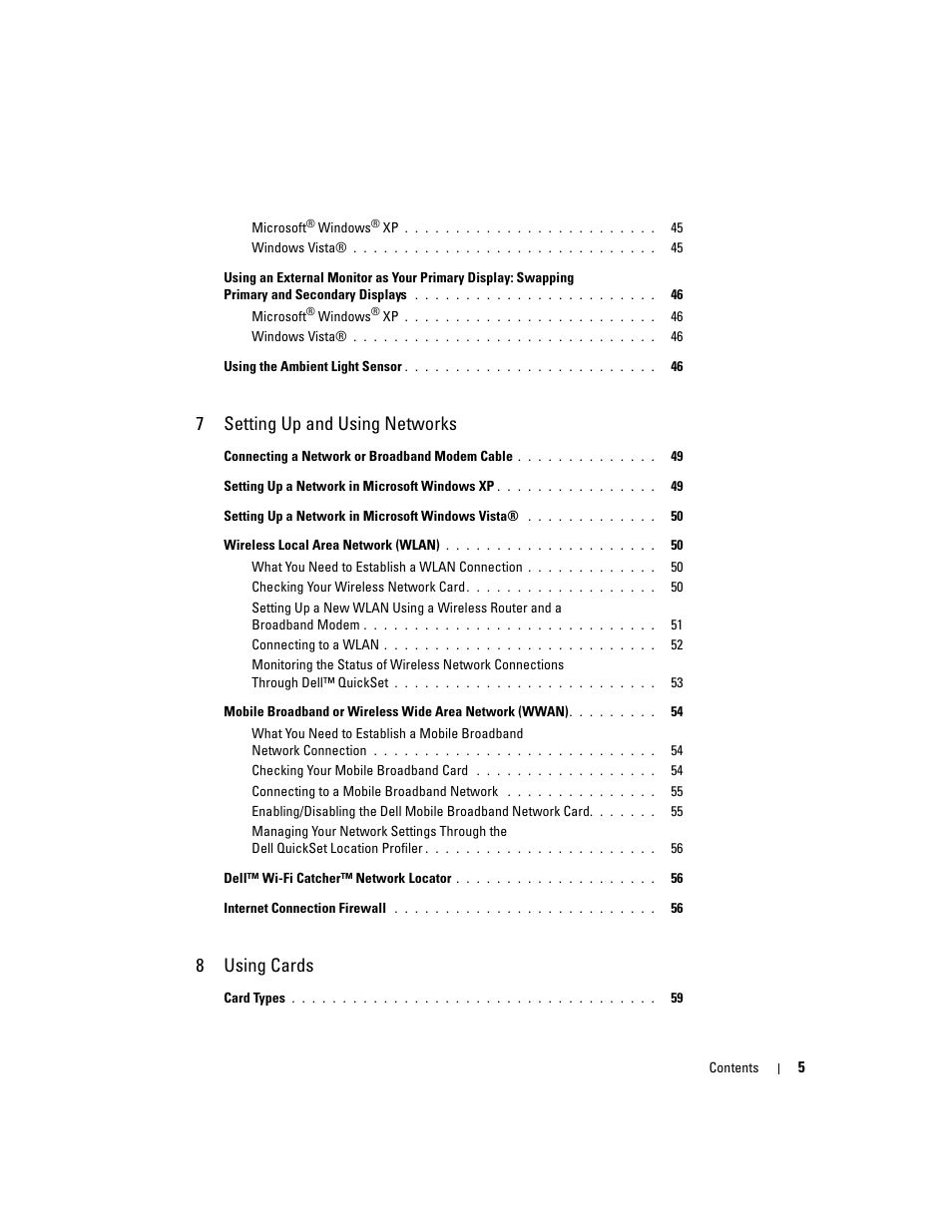 7setting up and using networks, 8using cards | Dell Latitude D830 (Early 2007) User Manual | Page 5 / 158