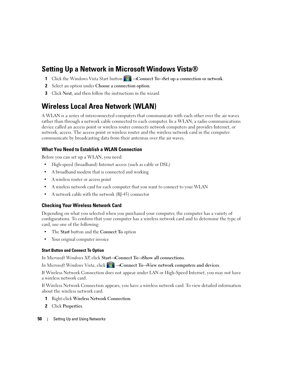 Setting up a network in microsoft windows vista, Wireless local area network (wlan), What you need to establish a wlan connection | Checking your wireless network card | Dell Latitude D830 (Early 2007) User Manual | Page 50 / 158