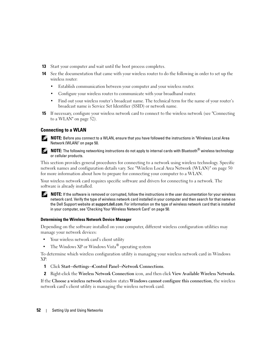 Connecting to a wlan | Dell Latitude D830 (Early 2007) User Manual | Page 52 / 158