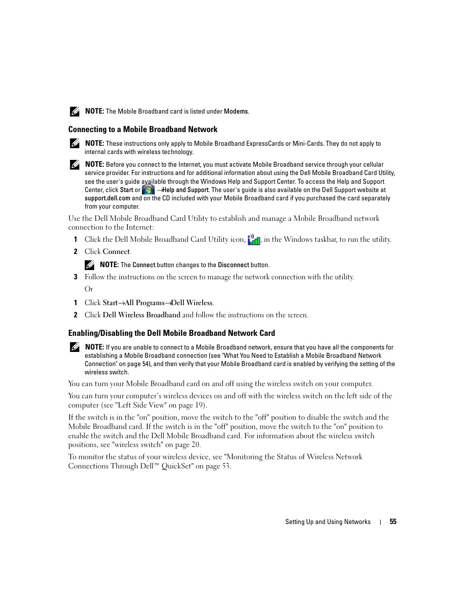 Connecting to a mobile broadband network | Dell Latitude D830 (Early 2007) User Manual | Page 55 / 158