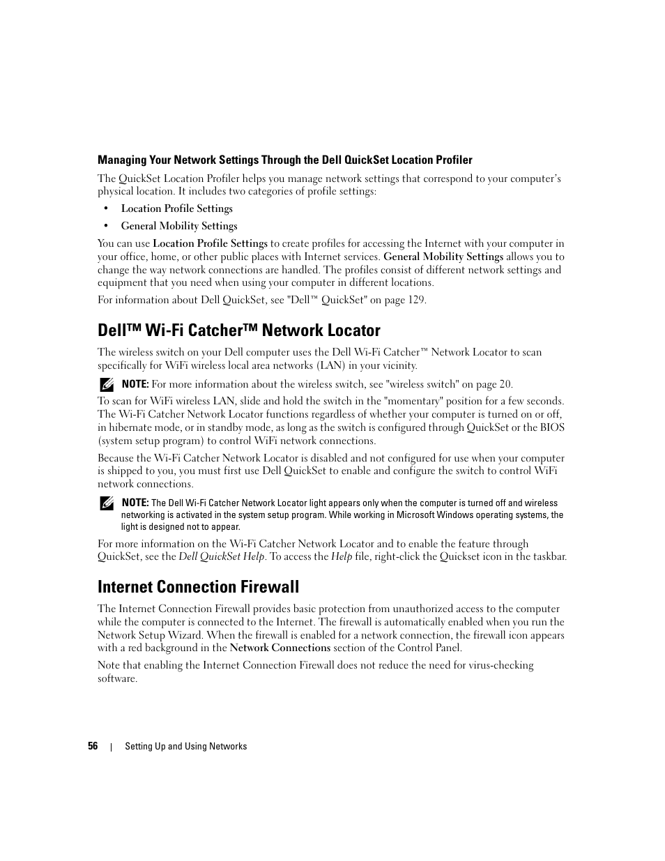 Dell™ wi-fi catcher™ network locator, Internet connection firewall | Dell Latitude D830 (Early 2007) User Manual | Page 56 / 158