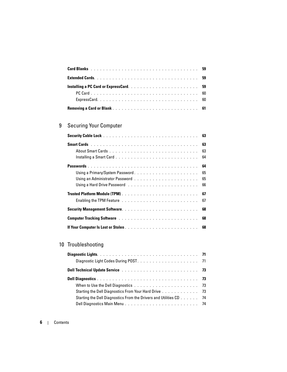 9securing your computer, 10 troubleshooting | Dell Latitude D830 (Early 2007) User Manual | Page 6 / 158