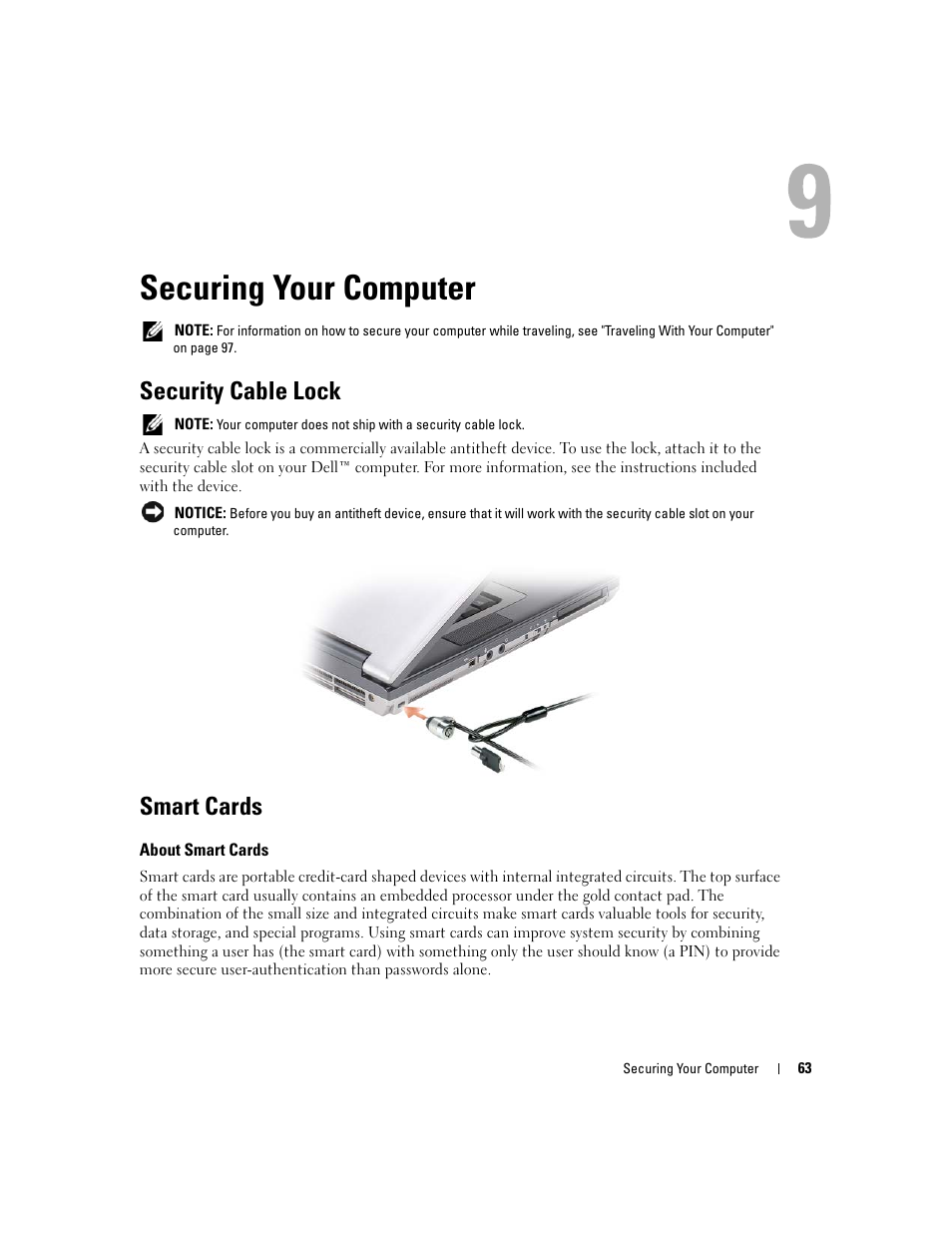 Securing your computer, Security cable lock, Smart cards | About smart cards | Dell Latitude D830 (Early 2007) User Manual | Page 63 / 158