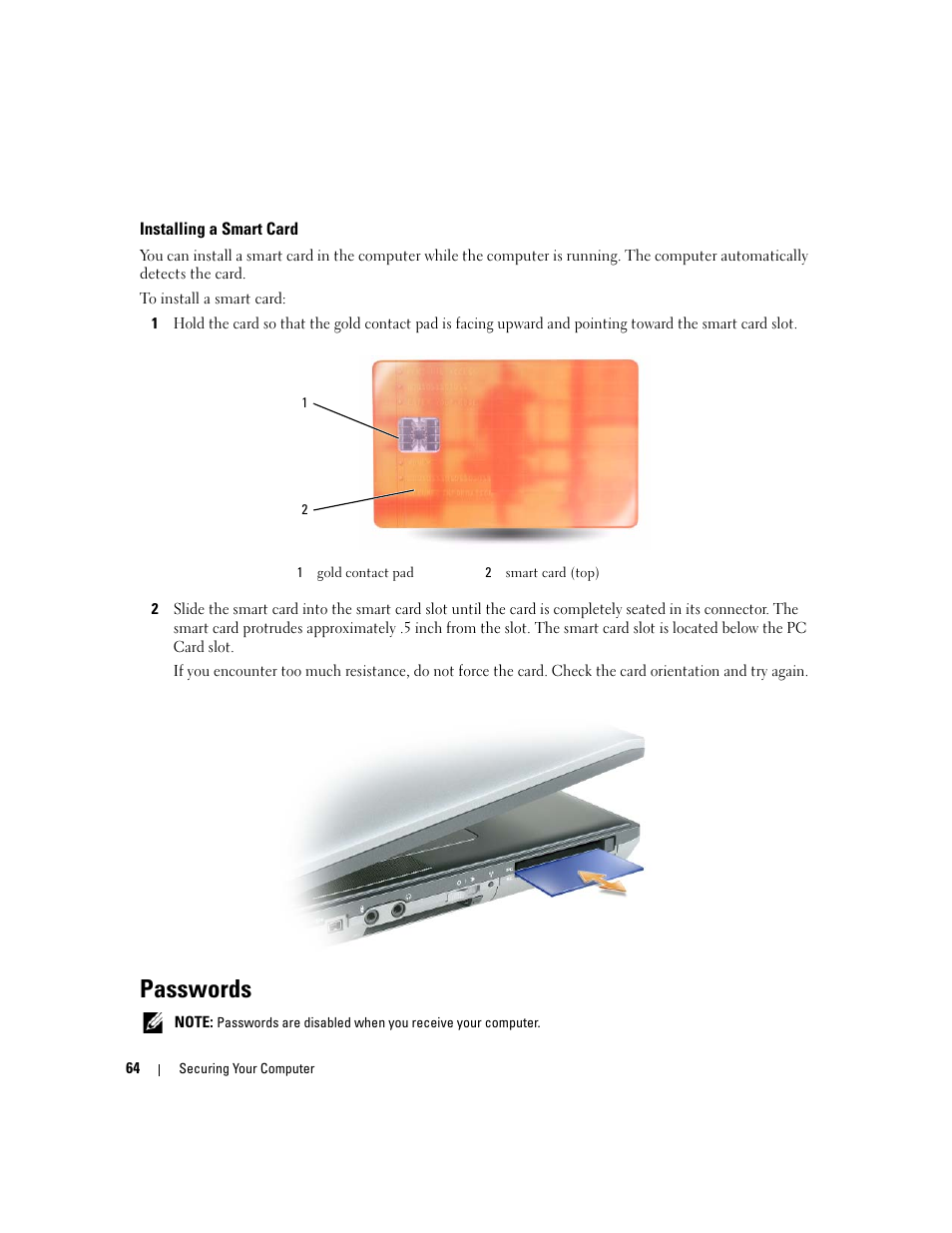 Installing a smart card, Passwords | Dell Latitude D830 (Early 2007) User Manual | Page 64 / 158