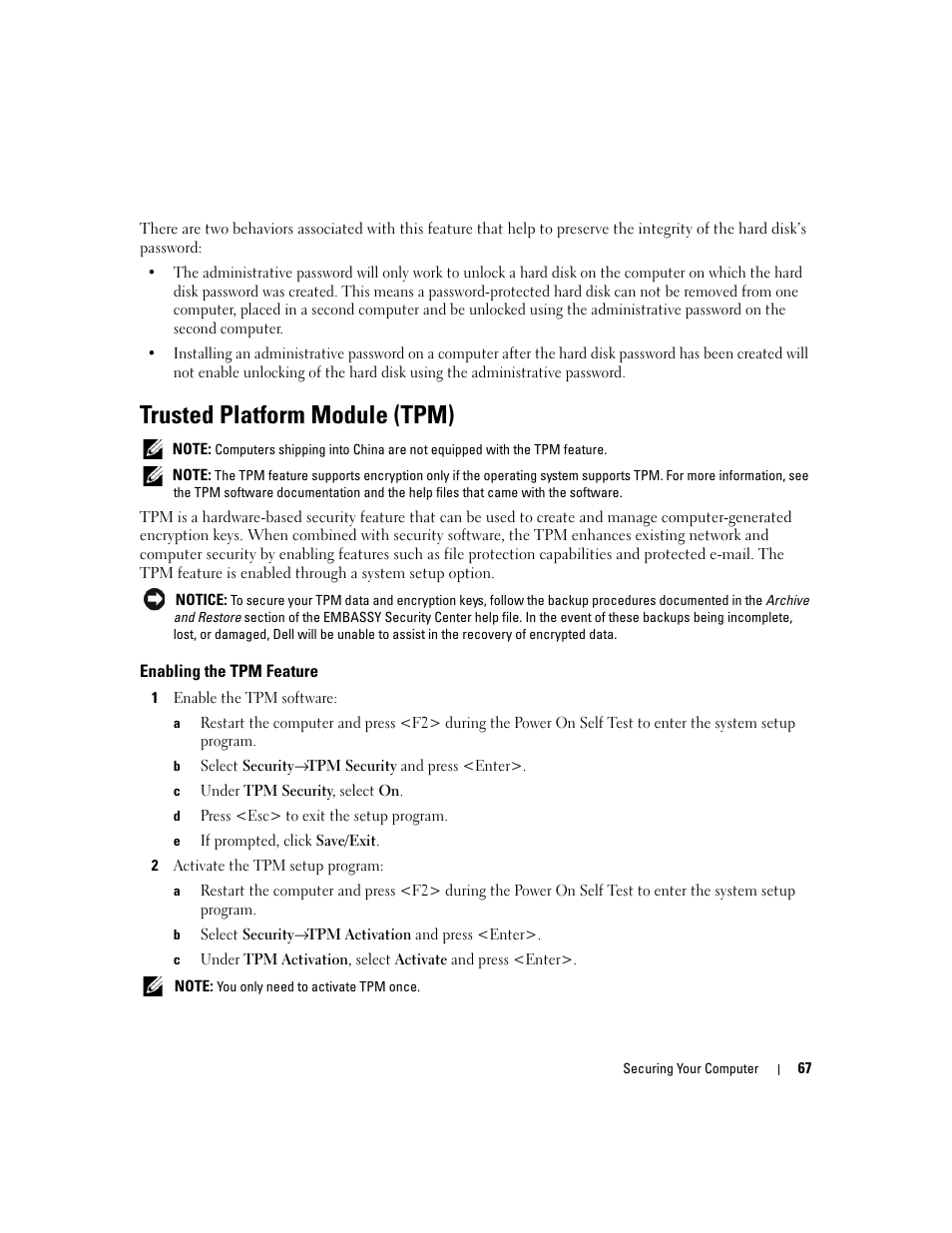 Trusted platform module (tpm), Enabling the tpm feature | Dell Latitude D830 (Early 2007) User Manual | Page 67 / 158