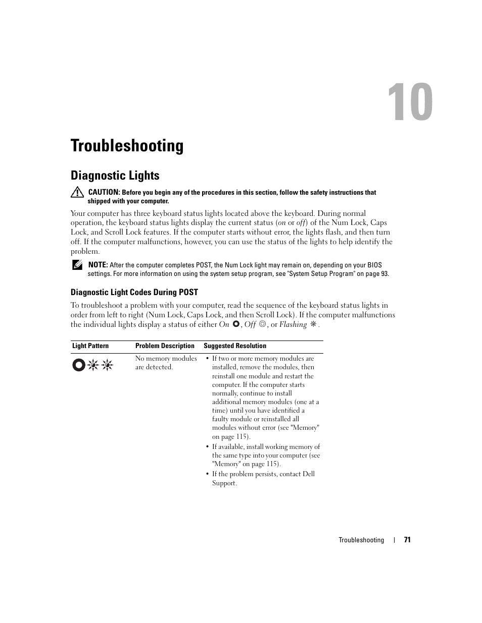 Troubleshooting, Diagnostic lights, Diagnostic light codes during post | 10 troubleshooting | Dell Latitude D830 (Early 2007) User Manual | Page 71 / 158