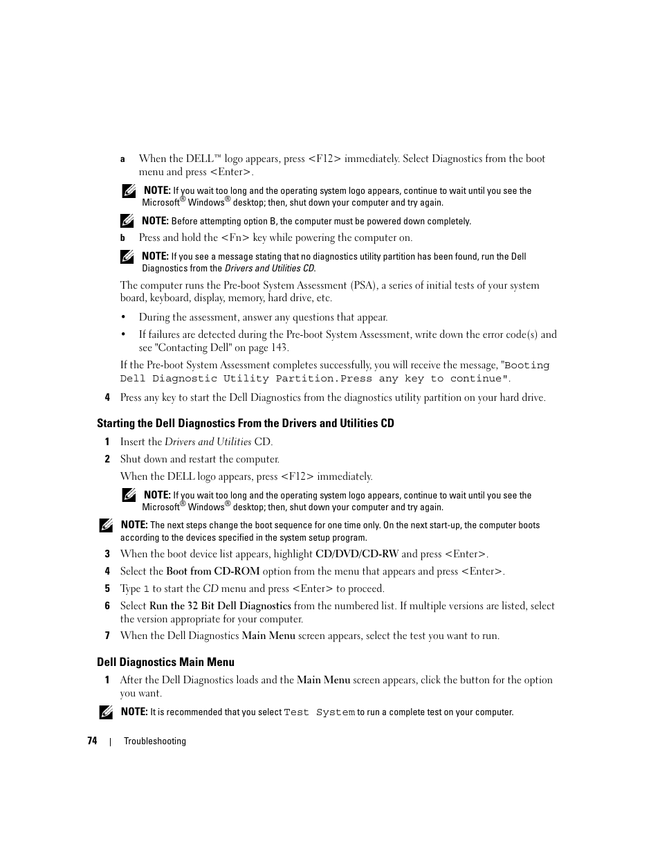 Dell diagnostics main menu | Dell Latitude D830 (Early 2007) User Manual | Page 74 / 158