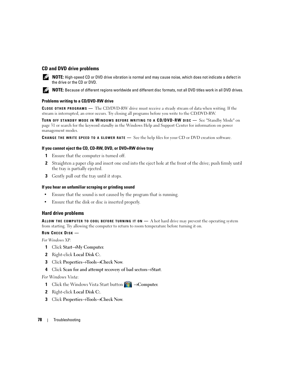 Cd and dvd drive problems, Hard drive problems | Dell Latitude D830 (Early 2007) User Manual | Page 78 / 158