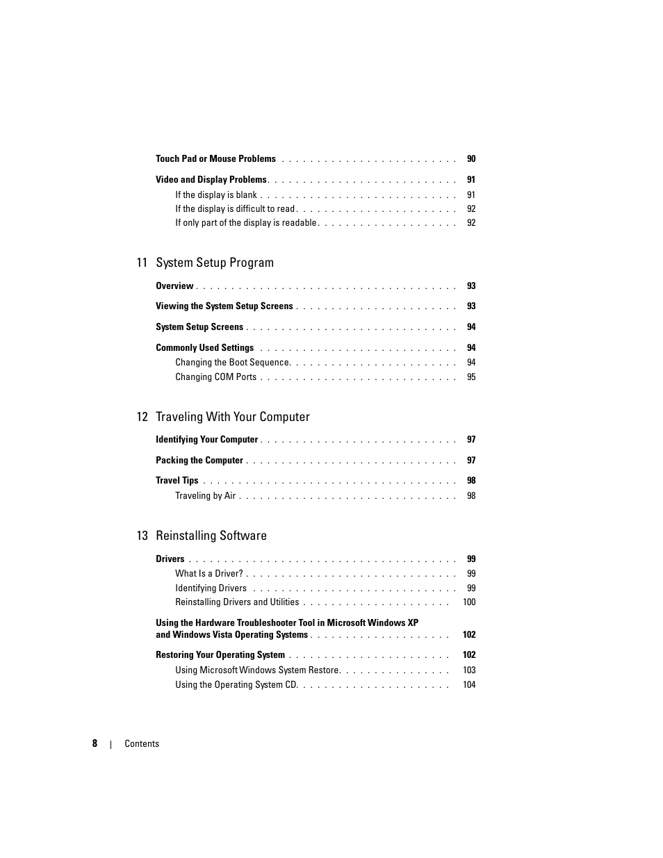 11 system setup program, 12 traveling with your computer, 13 reinstalling software | Dell Latitude D830 (Early 2007) User Manual | Page 8 / 158