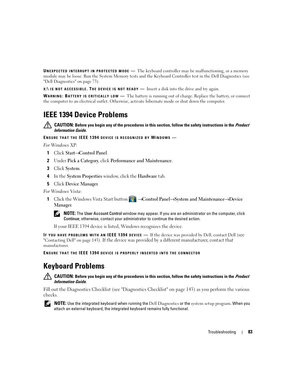 Ieee 1394 device problems, Keyboard problems | Dell Latitude D830 (Early 2007) User Manual | Page 83 / 158