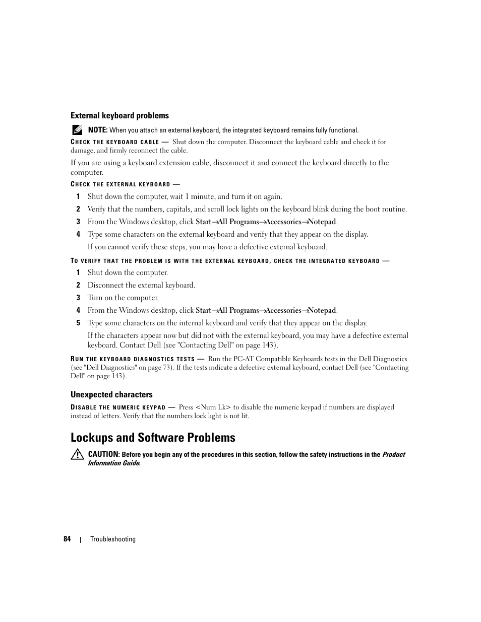 External keyboard problems, Unexpected characters, Lockups and software problems | Dell Latitude D830 (Early 2007) User Manual | Page 84 / 158