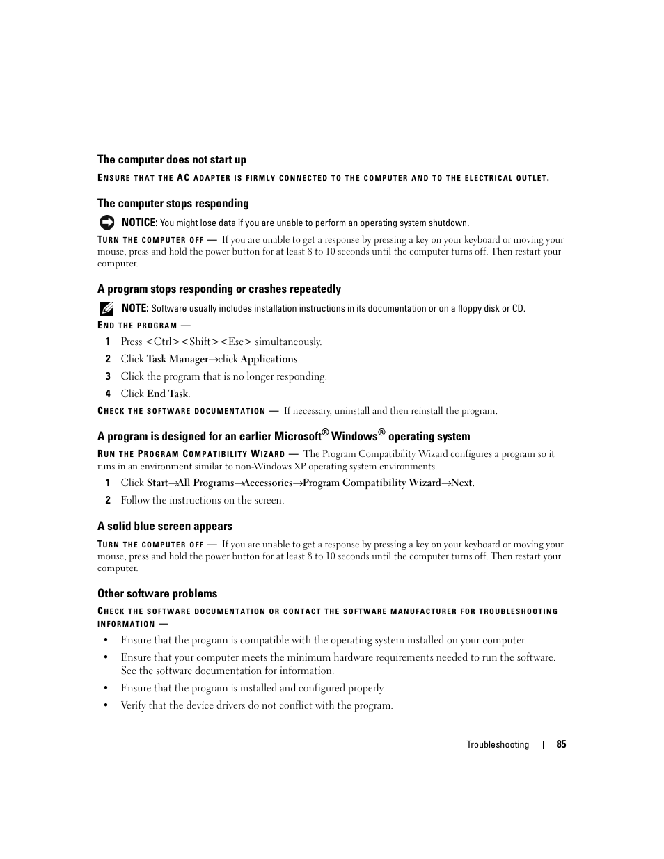 The computer does not start up, The computer stops responding, A program stops responding or crashes repeatedly | A solid blue screen appears, Other software problems, A program is designed for an earlier microsoft, Windows, Operating system | Dell Latitude D830 (Early 2007) User Manual | Page 85 / 158