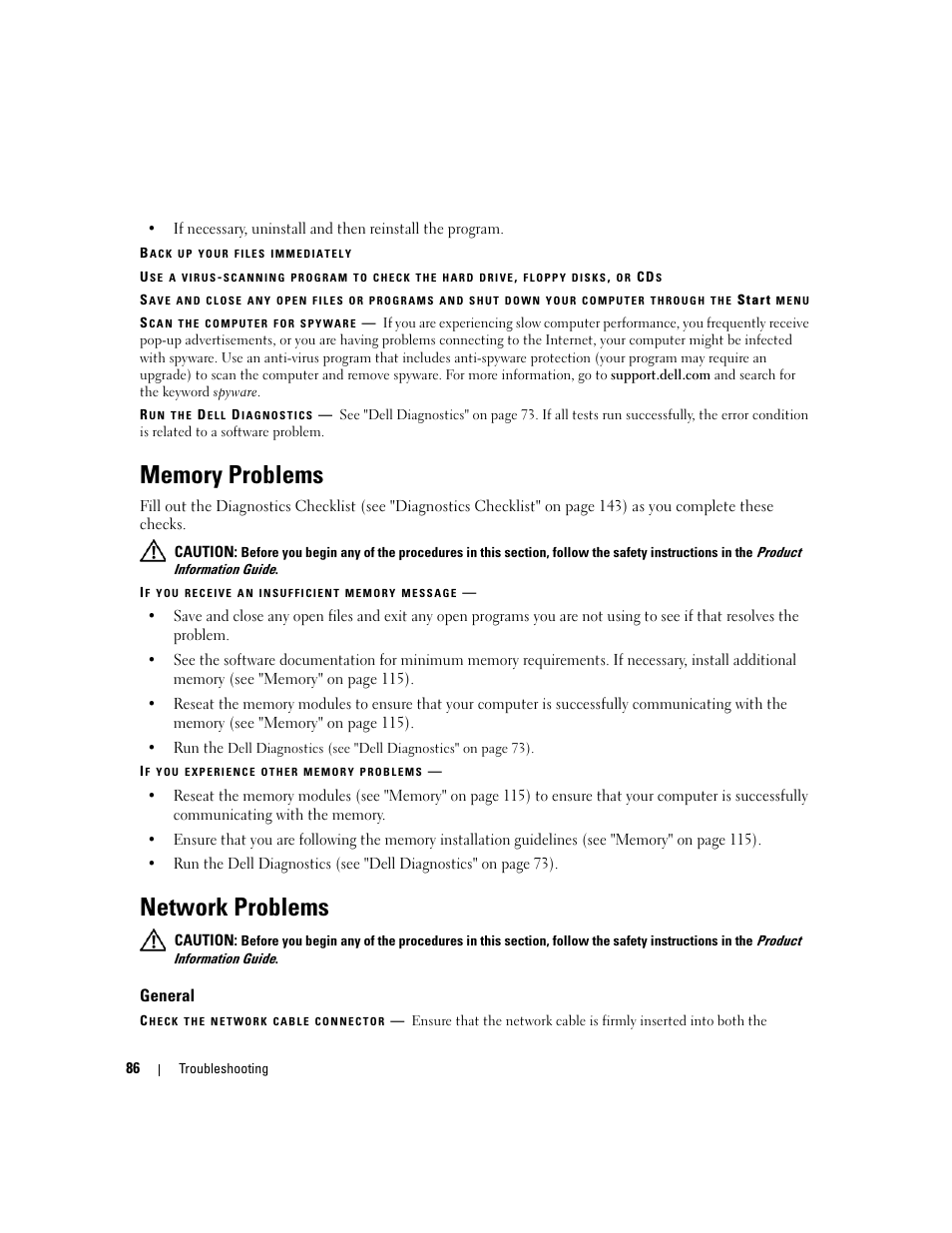 Memory problems, Network problems, General | Dell Latitude D830 (Early 2007) User Manual | Page 86 / 158