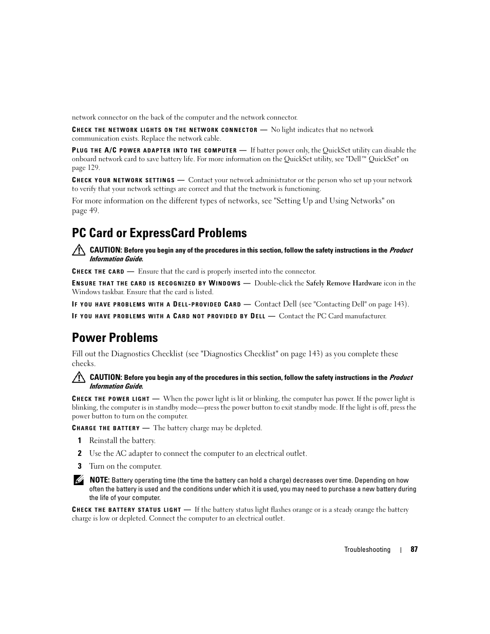 Pc card or expresscard problems, Power problems | Dell Latitude D830 (Early 2007) User Manual | Page 87 / 158
