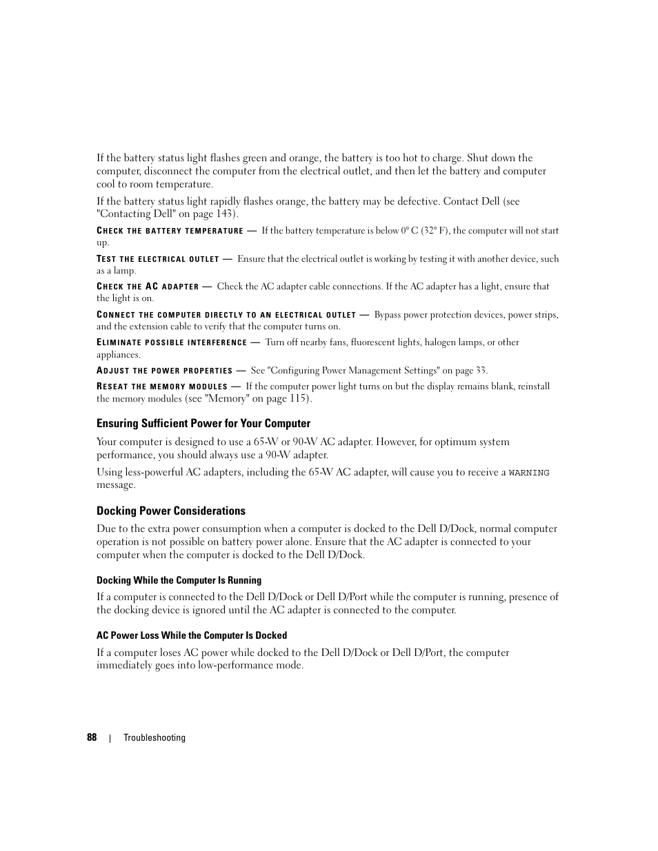 Ensuring sufficient power for your computer, Docking power considerations | Dell Latitude D830 (Early 2007) User Manual | Page 88 / 158