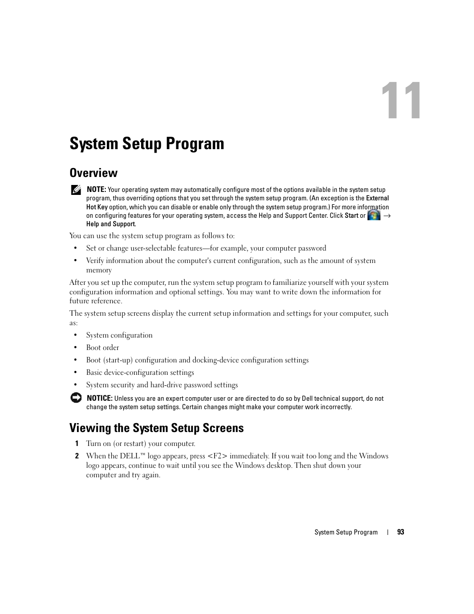 System setup program, Overview, Viewing the system setup screens | 11 system setup program | Dell Latitude D830 (Early 2007) User Manual | Page 93 / 158