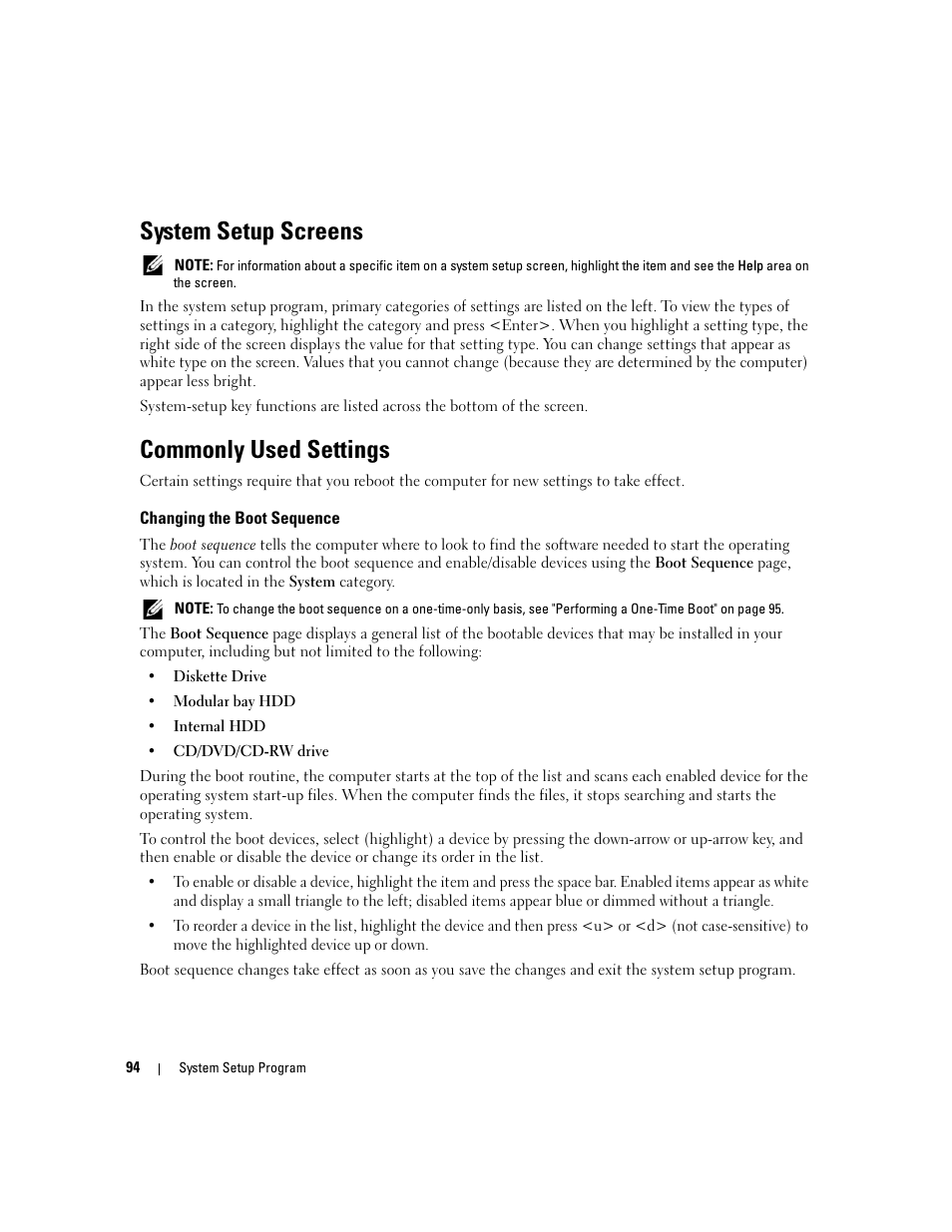 System setup screens, Commonly used settings, Changing the boot sequence | Dell Latitude D830 (Early 2007) User Manual | Page 94 / 158