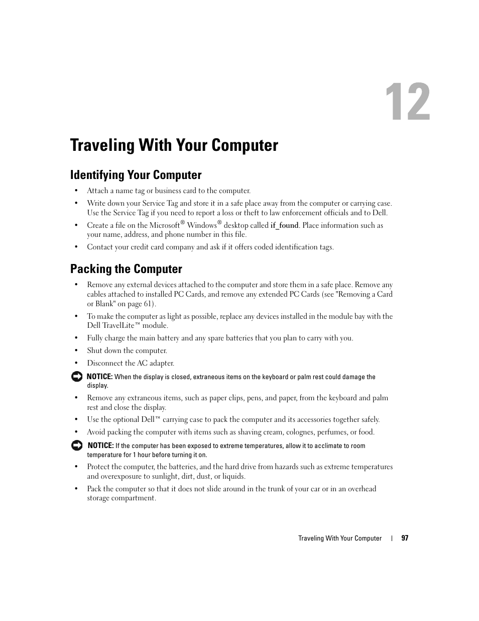 Traveling with your computer, Identifying your computer, Packing the computer | 12 traveling with your computer | Dell Latitude D830 (Early 2007) User Manual | Page 97 / 158