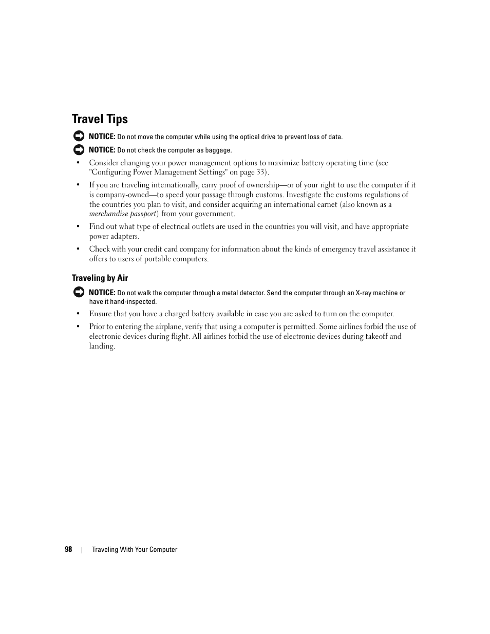 Travel tips, Traveling by air | Dell Latitude D830 (Early 2007) User Manual | Page 98 / 158