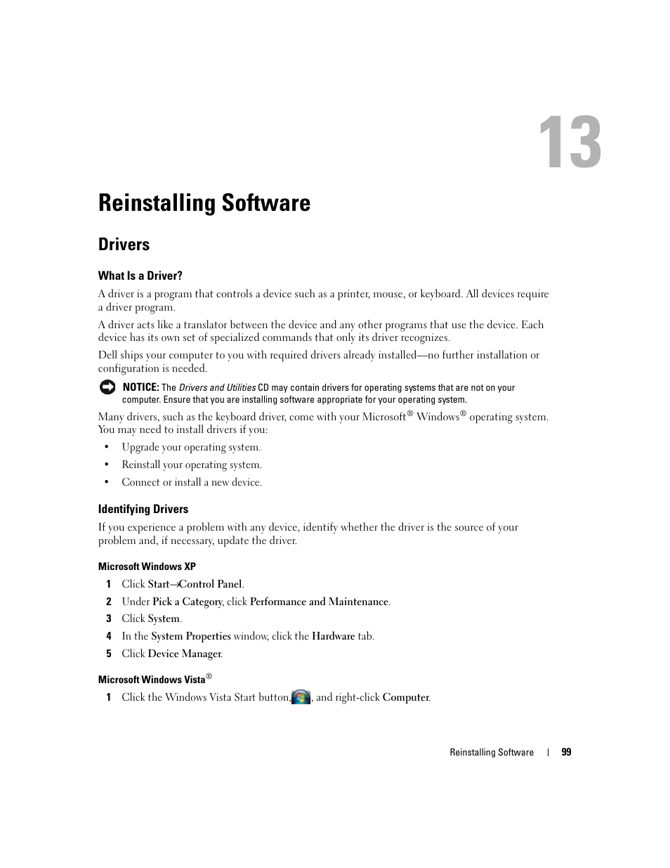 Reinstalling software, Drivers, What is a driver | Identifying drivers, 13 reinstalling software | Dell Latitude D830 (Early 2007) User Manual | Page 99 / 158