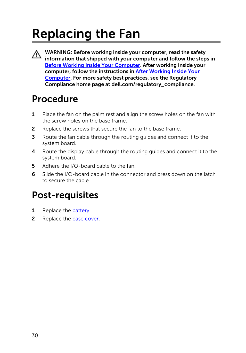 Replacing the fan, Procedure, Post-requisites | Dell Inspiron 14 (5442, Mid 2014) User Manual | Page 30 / 79