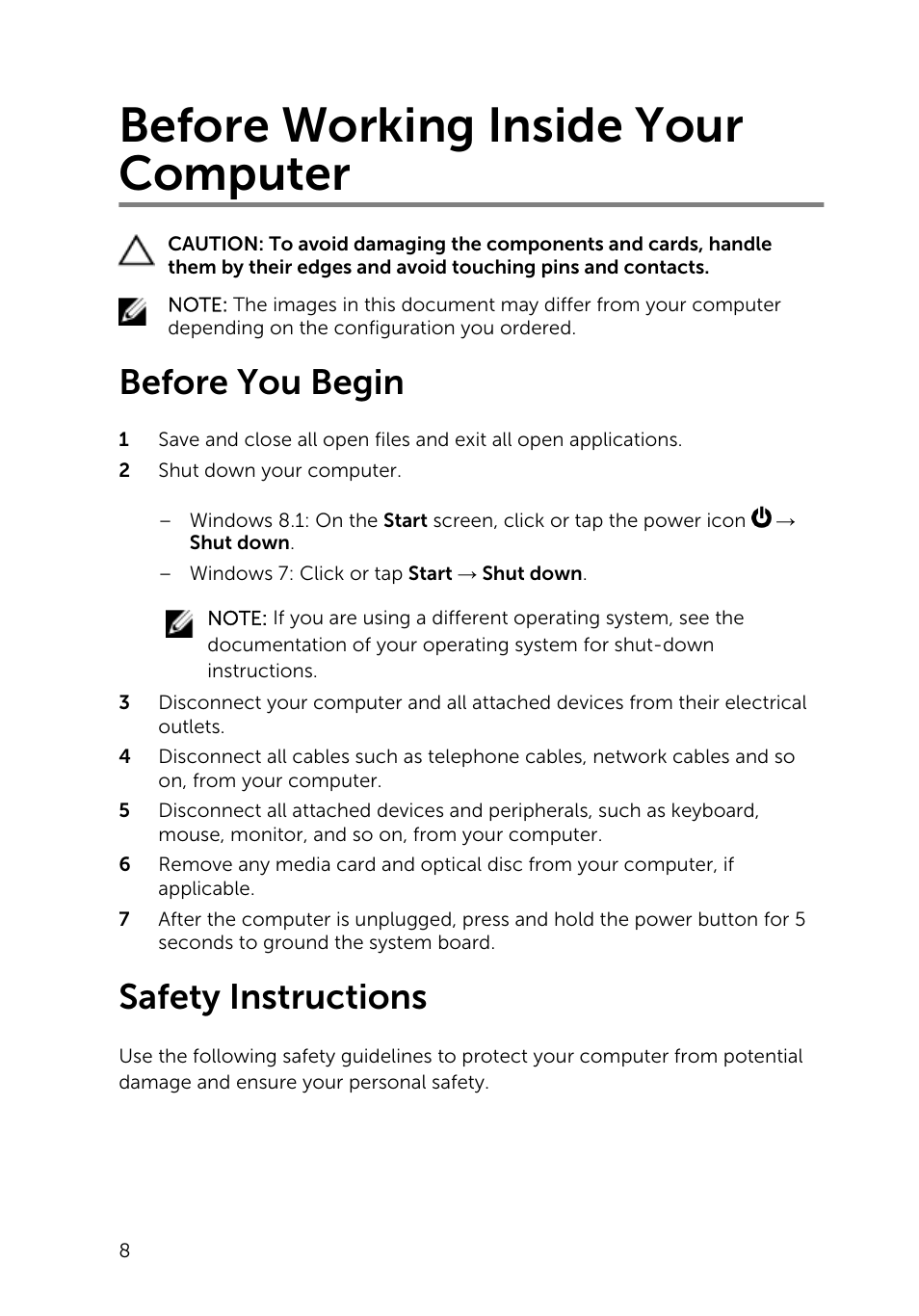 Before working inside your computer, Before you begin, Safety instructions | Dell Inspiron 14 (5442, Mid 2014) User Manual | Page 8 / 79