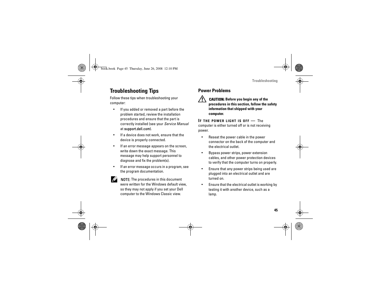 Troubleshooting tips, Power problems | Dell Vostro A180 (Early 2009) User Manual | Page 45 / 76